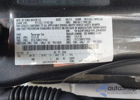 2017 Ford Focus Sel z USA, uszkodzony, nr VIN 1FADP3M21HL264595